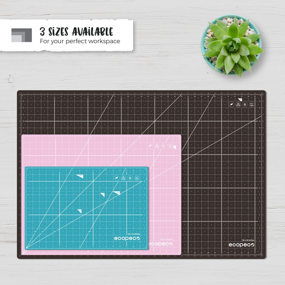 INCHES ecopeco® 3 Pack Self-Healing, Reversible Eco Cutting Mats