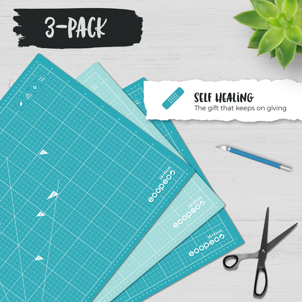 METRIC ecopeco® Quetzal Blue 3-Pack Self-Healing, Reversible Eco Cutting Mats