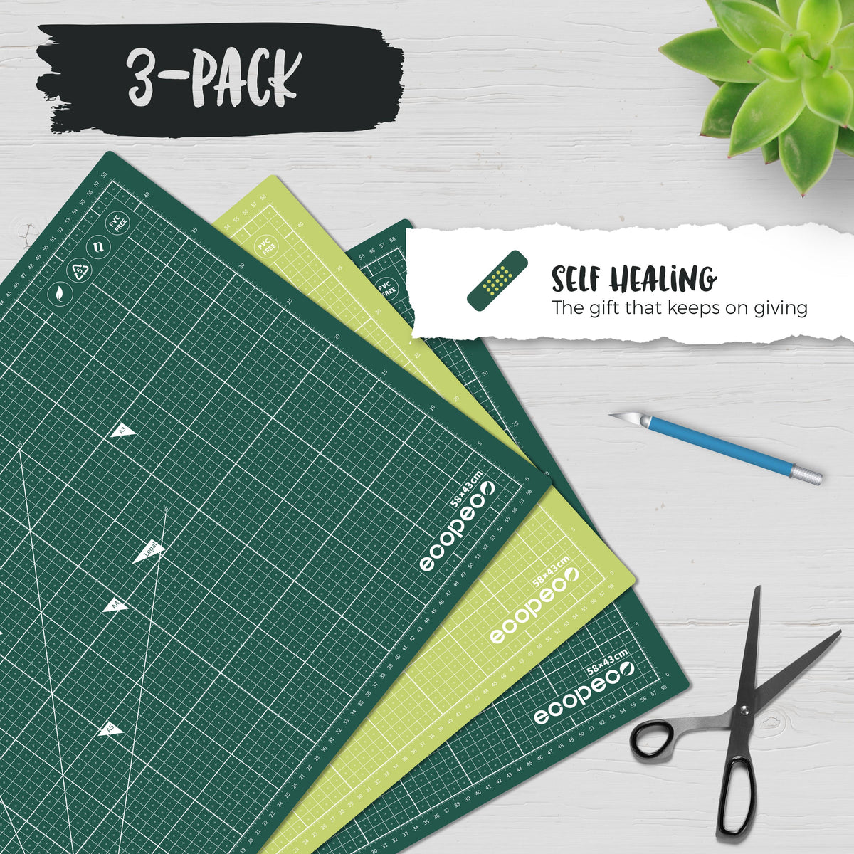 METRIC ecopeco® Jade Green 3-Pack Self-Healing, Reversible Eco Cutting Mats