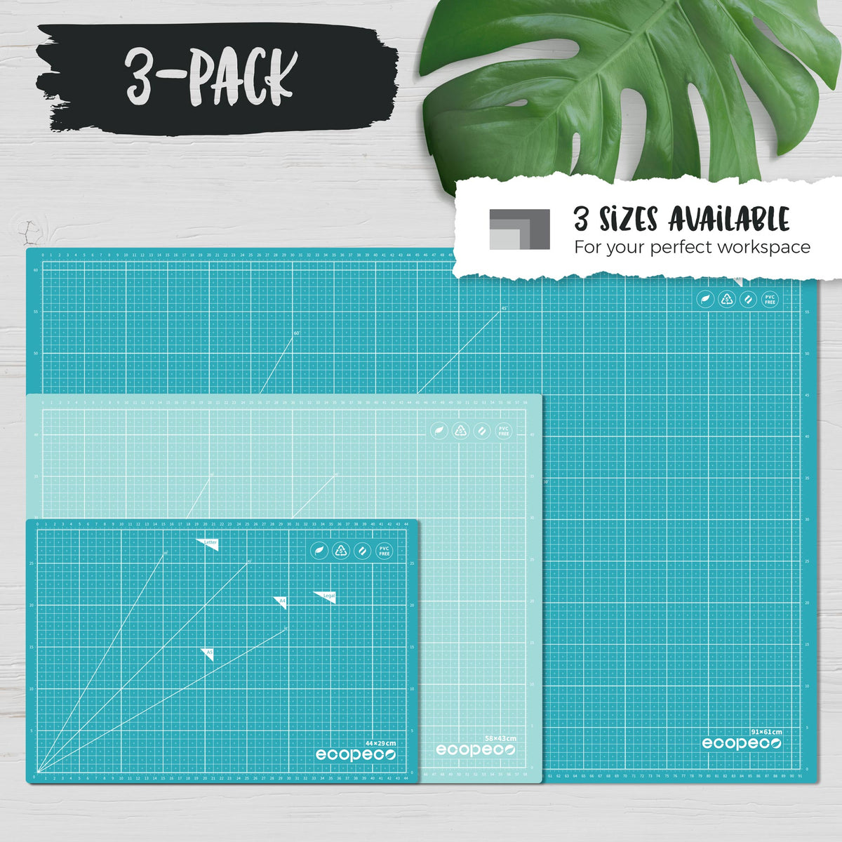METRIC ecopeco® Quetzal Blue 3-Pack Self-Healing, Reversible Eco Cutting Mats