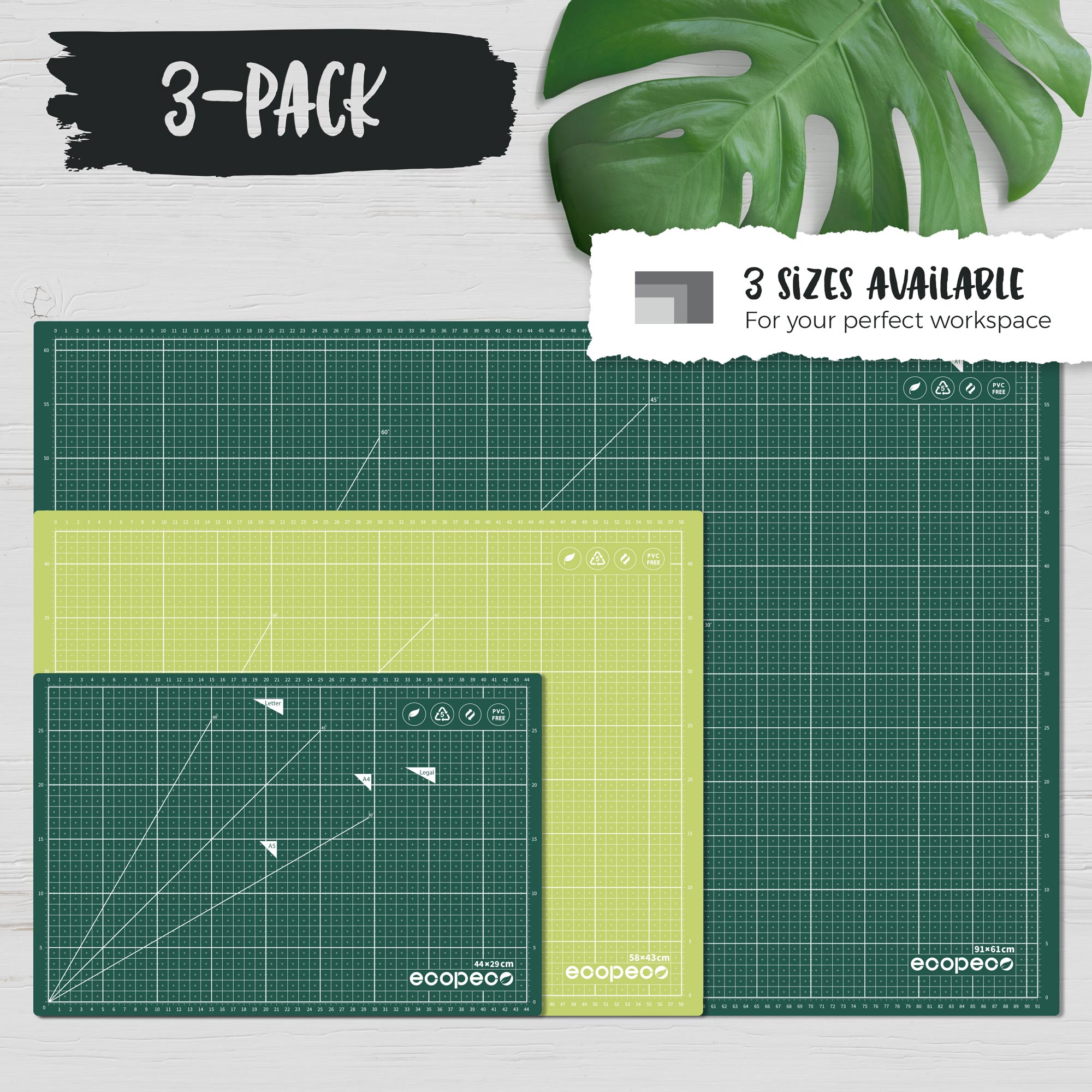 ecopeco® Jade Green 3 Pack Self-Healing, Reversible Eco Cutting Mats