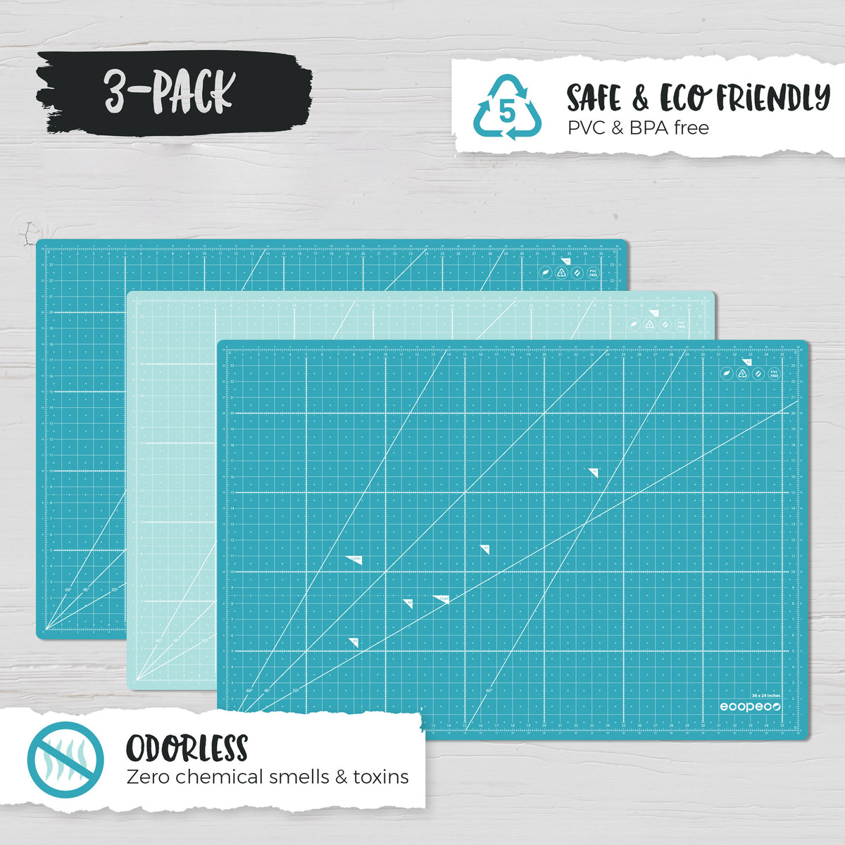 ecopeco® Quetzal Blue 3 Pack Self-Healing, Reversible Eco Cutting Mats